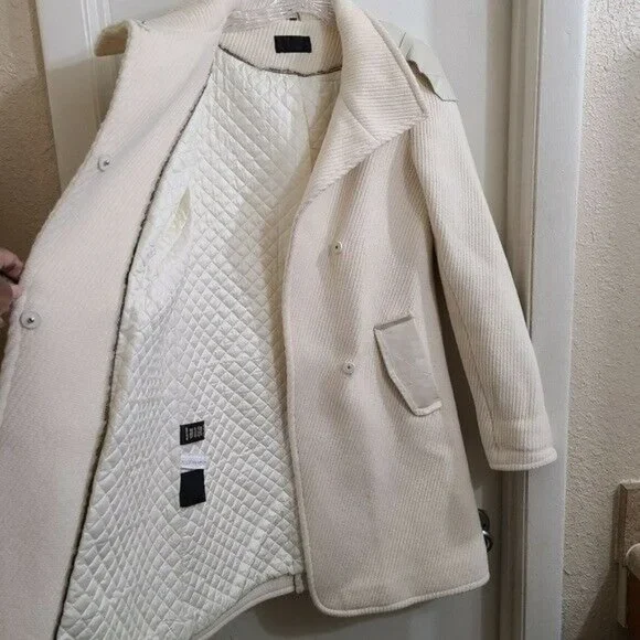 RUDSAK Ivory Designer Wool Leather Button Up Long Trench Coat Size XS - Picture 3 of 12
